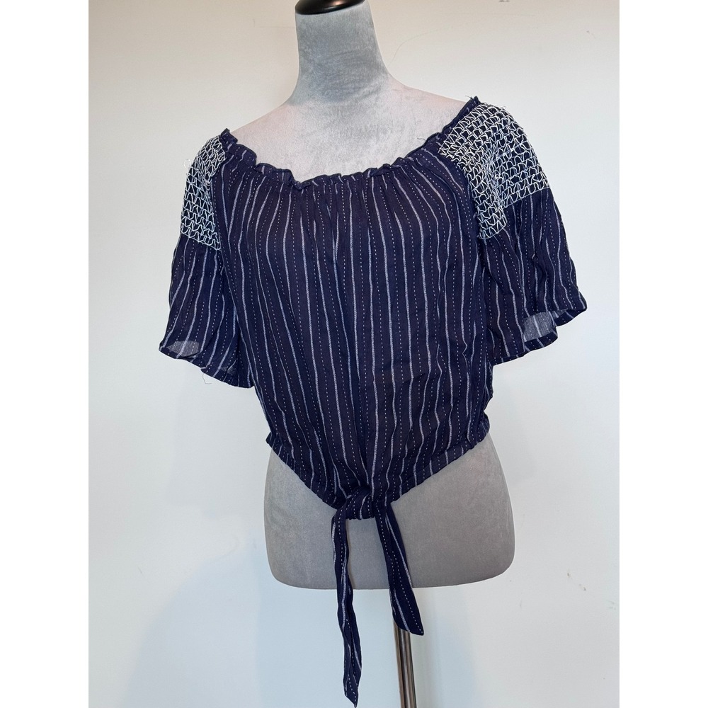 Derek Heart Navy Blue Striped Off Shoulder Tie Front Crop Top A7JW905 L NEW